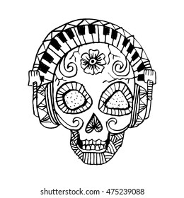 T-Shirt Design Doodle Zentangle Retro Pattern, DJ Skull Headphone Youthful Urban Subculture