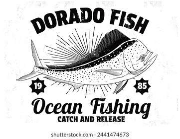 T-Shirt Design of Dorado Fish Illustration in Vintage Style