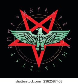 T-shirt design of an eagle, an inverted five-pointed star surrounded by a runic alphabet. Good illustration for satanic themes.