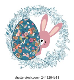 T-shirt design of an Easter egg with a pink rabbit behind it and a circle of pine needles on a white background. sstkEaster