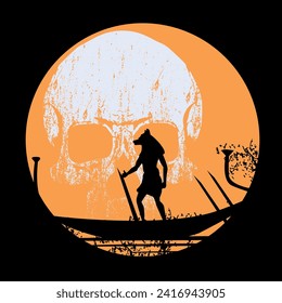T-shirt design of an Egyptian boat with the god Anubis on a golden sun and a ghostly skull.