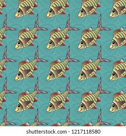 T-shirt design. Embroidery vintage fish, water seamless pattern, japanese pattern. Classical embroidery, blue, green and brown colors. Vector illustration.