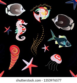 T-shirt design. Embroidery vintage fish, water seamless pattern, japanese pattern. Classical embroidery, violet, gray and black colors. Vector illustration.