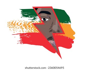 T-shirt design with the face of a black woman in profile with the colors green, orange and green and the thunderbolt symbol. Vector illustration for black history month.