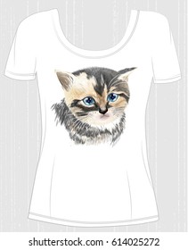 t-shirt design  with face of three-colored  cute kitten. Design for women's t-shirt
