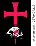 T-shirt design of a fallen skull under a large medieval cross. Good illustration for heraldic themes.