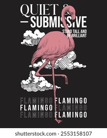 Design de camiseta com um flamingo gracioso com um fundo de nuvem serena, mistura de elegância e suavidade para um olhar elegante e tranquilo.