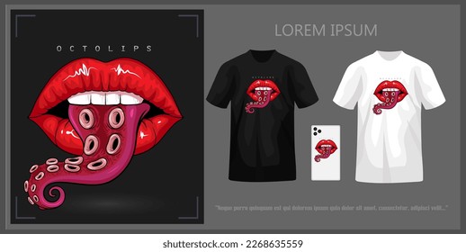 T-Shirt-Design mit Tentakelzunge, komplett mit Mockup.