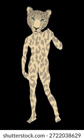 Design de camiseta com um homem com a cabeça de um leopardo sobre um fundo preto.
