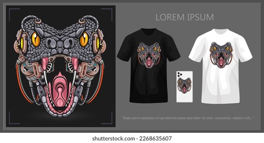T-shirt design featuring a mecha cobra head, complete with mockup.
