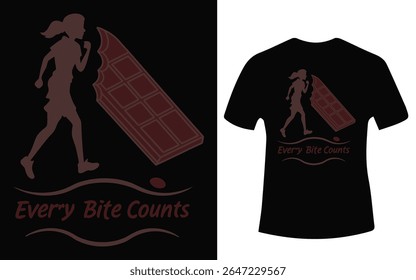 Design de camiseta com uma silhueta de mulher correndo ao lado de uma barra de chocolate com o texto "Cada mordida conta".