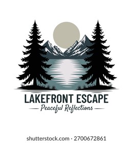 A t-shirt design featuring a serene mountain lake scene with the text LAKEFRONT ESCAPE and Peaceful Reflections. This design features two large pine tree silhouettes with rugged mountains and water.