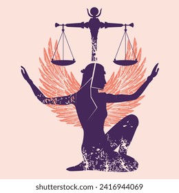 T-shirt design featuring the silhouette of an Egyptian woman on her knees with outstretched arms, wings and a scale, in blue and orange tones. Eastern representation of justice and balance.