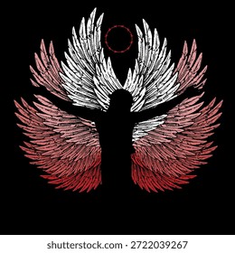 T-Shirt-Design mit einer Silhouette eines geflügelten Mannes mit offenen Armen auf schwarzem Hintergrund. Ideales Bild, um Jesus Christus darzustellen.