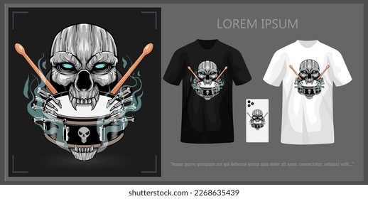 T-shirt design featuring a skull head biting a snare drum and sticks, complete with mockup.
