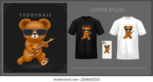 T-shirt design featuring a teddy bear playing bass, complete with mockup.