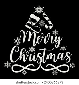 A t-shirt design featuring a typography “merry christmas” with vector elements such as snowflakes, santa claus shoe, candy stick, and more. This design is perfect for christmas sales. christmas #niche