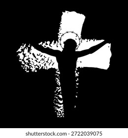 T-Shirt-Design mit einem weißen Kreuz mit einem Pinselstrich und die schwarze Silhouette von Jesus Christus einzeln auf Schwarz.