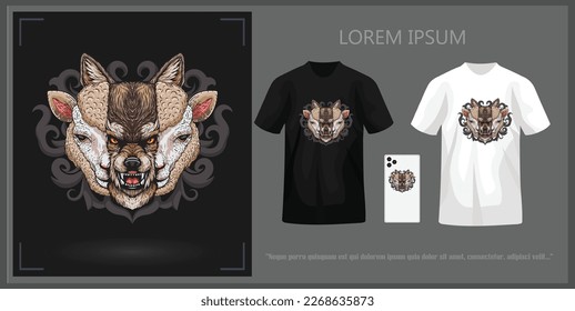 T-shirt design featuring a wolf's head behind a sheep's head, complete with mockup.