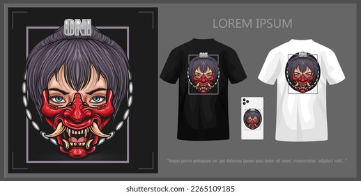 T-shirt design of a female head wearing an oni mask, complete with mockup.