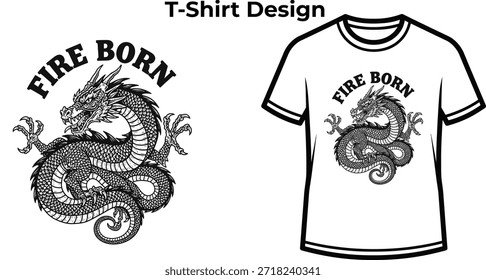 T-shirt design of Fire born typography with chinese dragon for fantasy logo, mythical creature animal badge, asian culture emblem and isolated on transparent legend graphic illustration