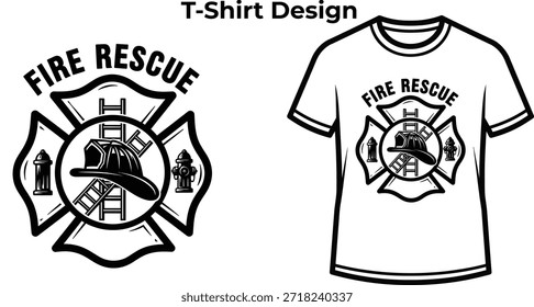Diseño de camiseta de tipografía de rescate de incendios con casco y hachas para insignia de bombero, emblema del servicio de seguridad de emergencia, símbolo de héroe valiente y aislado en ilustración gráfica transparente