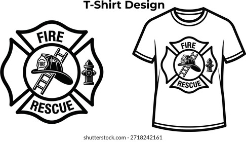 Diseño de camiseta de tipografía de rescate de incendios con casco y hachas para diseño de insignia de bombero, emblema del servicio de seguridad de emergencia, símbolo de héroe valiente y aislado en ilustración gráfica transparente