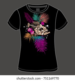 T-shirt design. Fish skeleton and Exotic leaves on a dark background. Vector illustration.