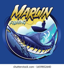 t-shirt design of fishing marlin at the sea