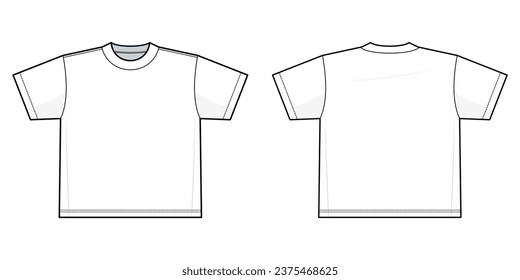  Diseño de camisetas ilustración de moda técnica plana. Ilustración de la plantilla vectorial de camiseta. vista frontal y posterior. demasiado grande. soltar el hombro. unisex. color blanco. Burla de CAD.