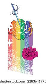 T-Shirt-Design einer Blume durchbrochen von einem Schwert und einem Regenbogen im Hintergrund. Vektorgrafik für gay stolz Tag.