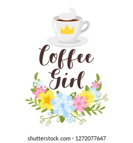 T-shirt design with flowers and coffee cup with golden crown. Isolated on white background.