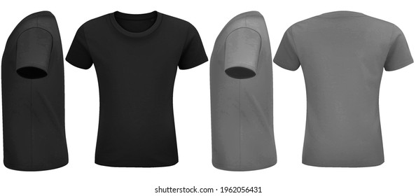 T-shirt design, front, side and back view. Advertising textile print vector set. Sport blank shirt template front and back view.