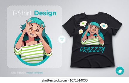 T-shirt design with funny excited girl showing Ok gestures with both hands. Trendy anime style vector illustration