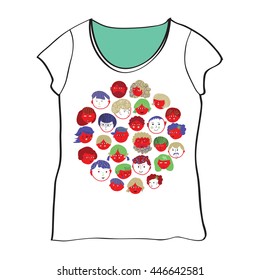 T-shirt design with funny faces group. Vector graphic illustration