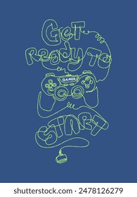 Diseño de la camiseta con un tema de juego, con una ilustración de una línea de arte de un joystick y el texto nunca Rendirse, Jugar Juego.