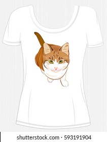 t-shirt design  with  ginger cat. Design for women's t-shirt