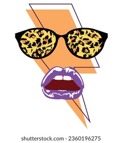 T-shirt design for glasses with animal print and violet lips on the thunderbolt symbol. Vector illustration for summer. SHOTLIST1990