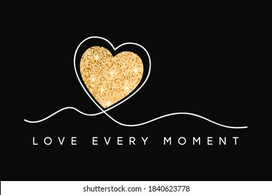 T-shirt design with glitter heart. Slogan love every moment, typography graphics for tee shirt with glittering shine texture in heart. One line inscription. Vector.