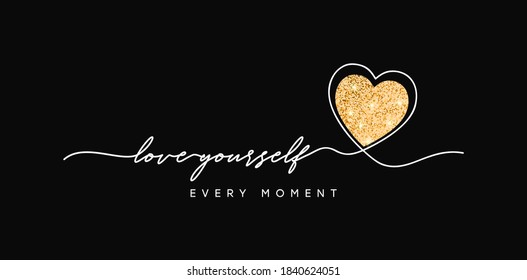 T-shirt design with glitter heart. Slogan love yourself, typography graphics for tee shirt with glittering shine texture in heart. One line inscription. Vector.