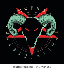 T-shirt design of a goat head along with a demonic red star and an alphabet of runes.