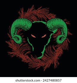 T-shirt design of a goat head with horns on red branches on a black background. satanic circle