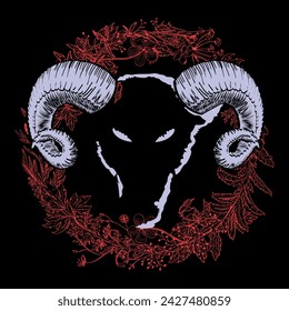 T-shirt design of a goat head with horns on red branches on a black background. satanic circle