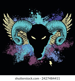 T-shirt design of a goat head with horns and wings on colored spots on a black background.