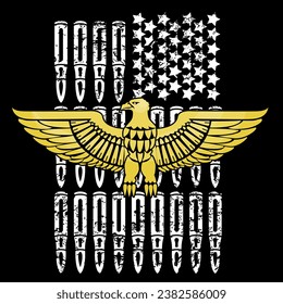 T-Shirt-Design eines goldenen Adlers neben der Flagge der Vereinigten Staaten aus Kugeln und Sternen. Nordamerikanische patriotische Illustration.