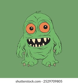 T-shirt design, A goofy, green monster with orange eyes and sharp teeth is grinning wide on a green background.