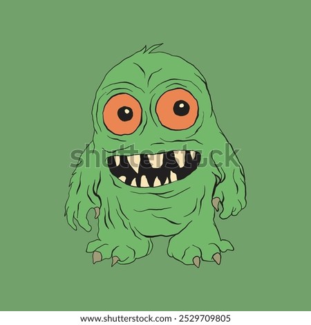 T-shirt design, A goofy, green monster with orange eyes and sharp teeth is grinning wide on a green background.