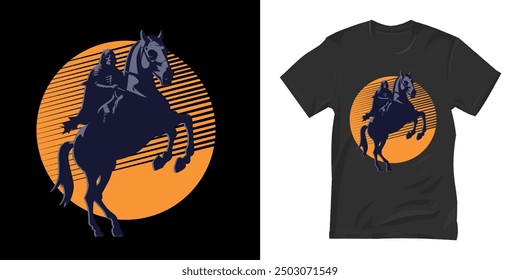 t-shirt design for the grim reaper riding a horse with a lunar eclipse