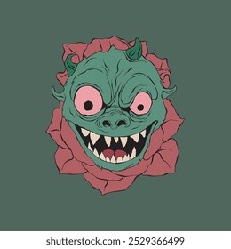 Diseño de camiseta, una grotesca criatura de piel verde con cuernos y una amplia sonrisa dentada emerge de una rosa roja, colocada sobre un fondo verde oscuro.