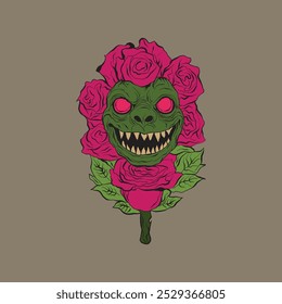 Diseño de camiseta, Una criatura grotesca de piel verde con una amplia sonrisa dentada emerge de un ramo de rosas rojas, sobre un fondo gris.